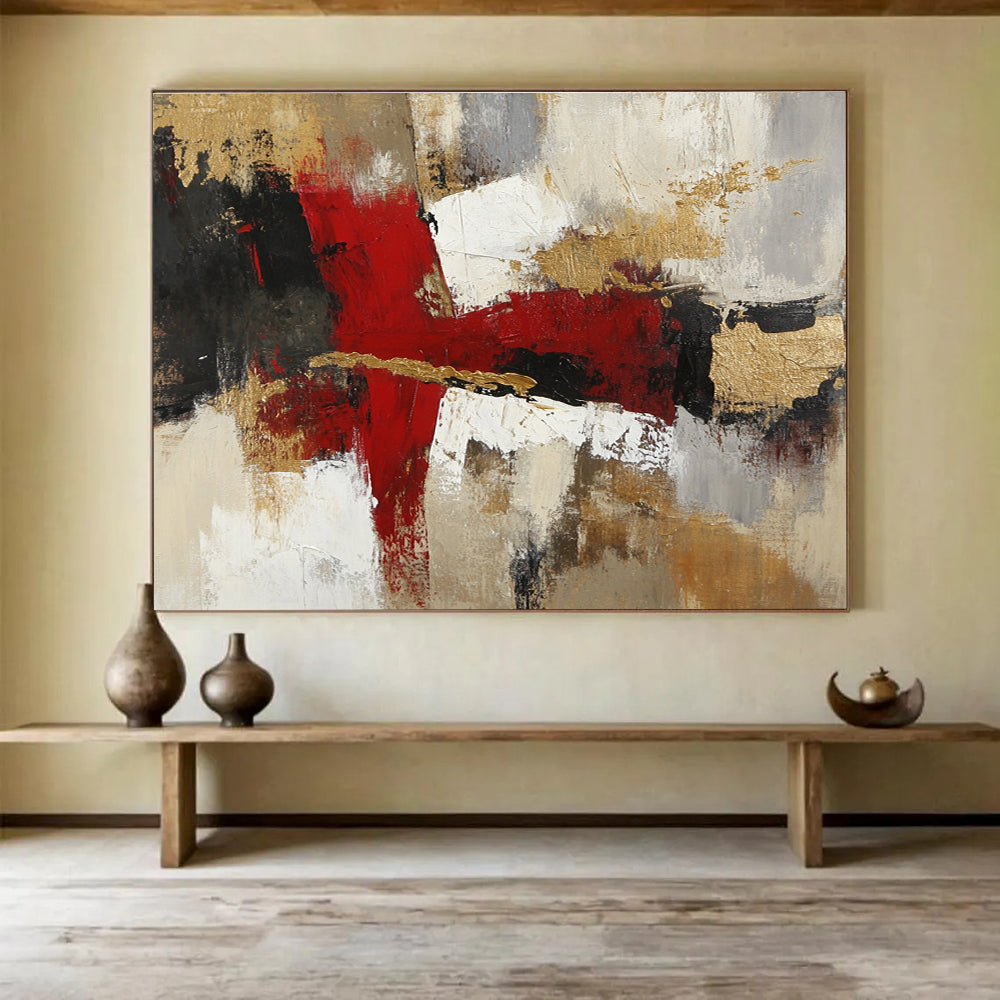 A large abstract painting with red white and brown tones featuring organic layers textures and a blend of realism and abstraction.SC381