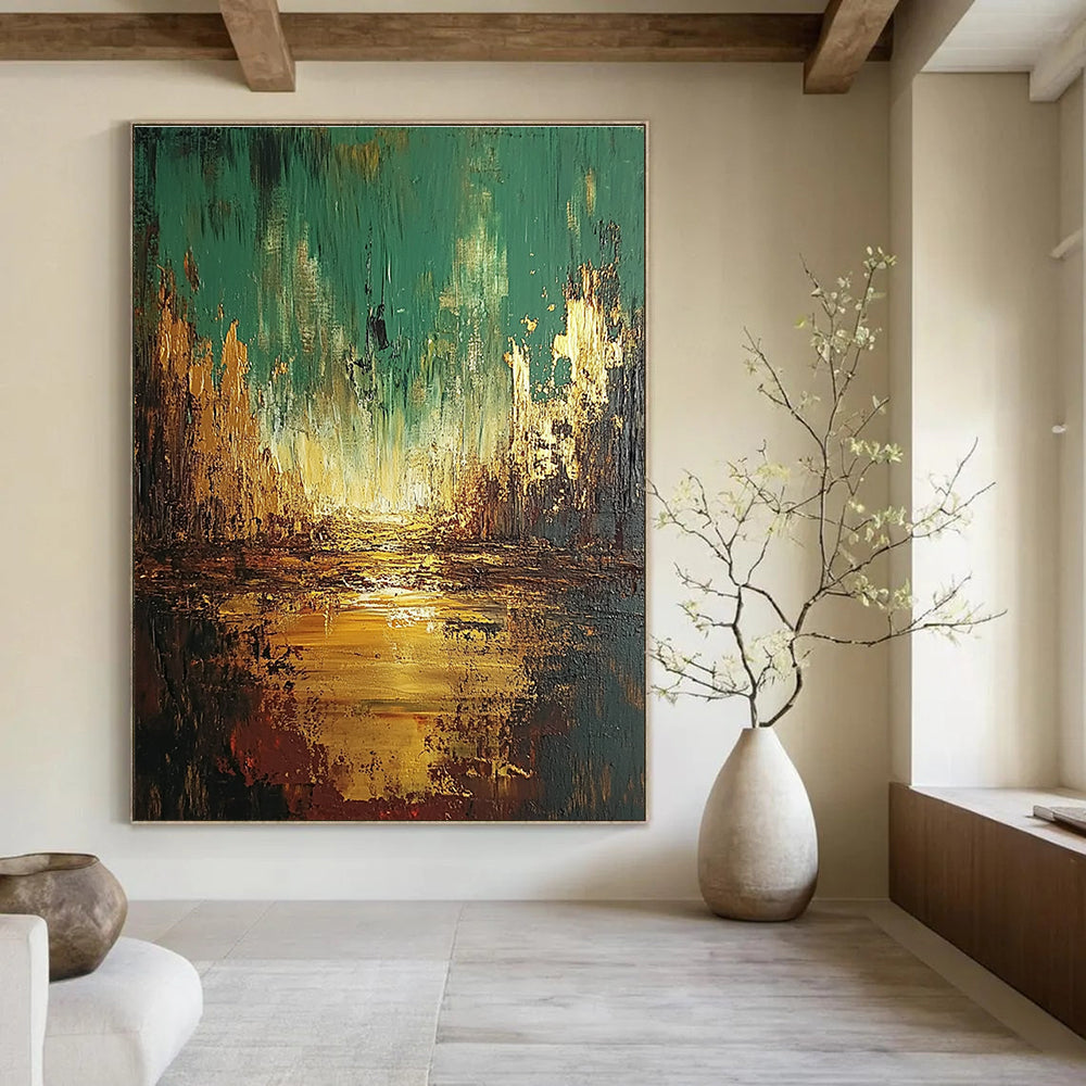 Large abstract oil painting depicting an apocalyptic landscape in greens and browns with golden highlights, perfect for bold decor.STSC583