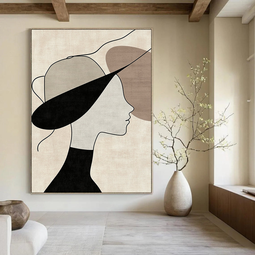 Abstract art featuring a woman in profile adorned with a hat on a beige background with visible brush strokes and neutral colors and black lines.STSC1335