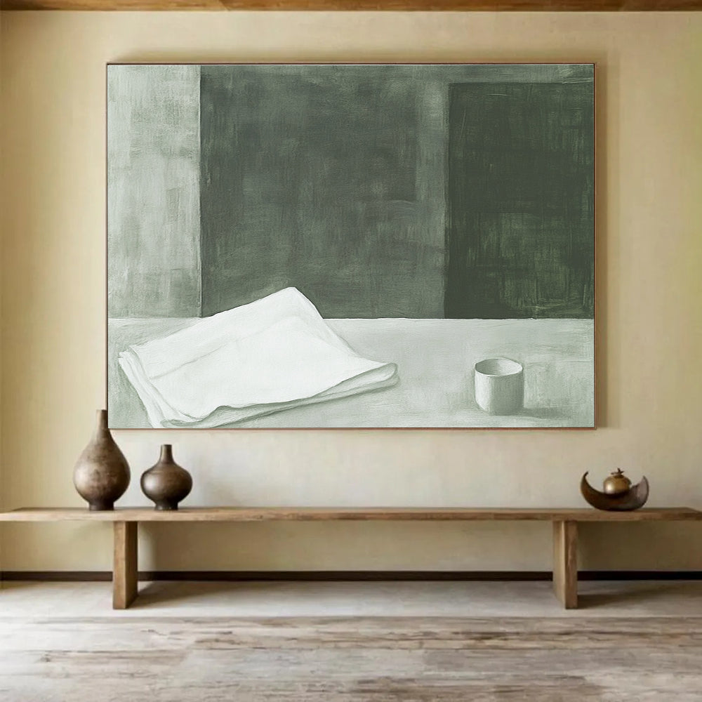 A large abstract painting featuring a folded white sheet with soft edges and hazy details in green and gray tones inspired by Peter Doig.SC571