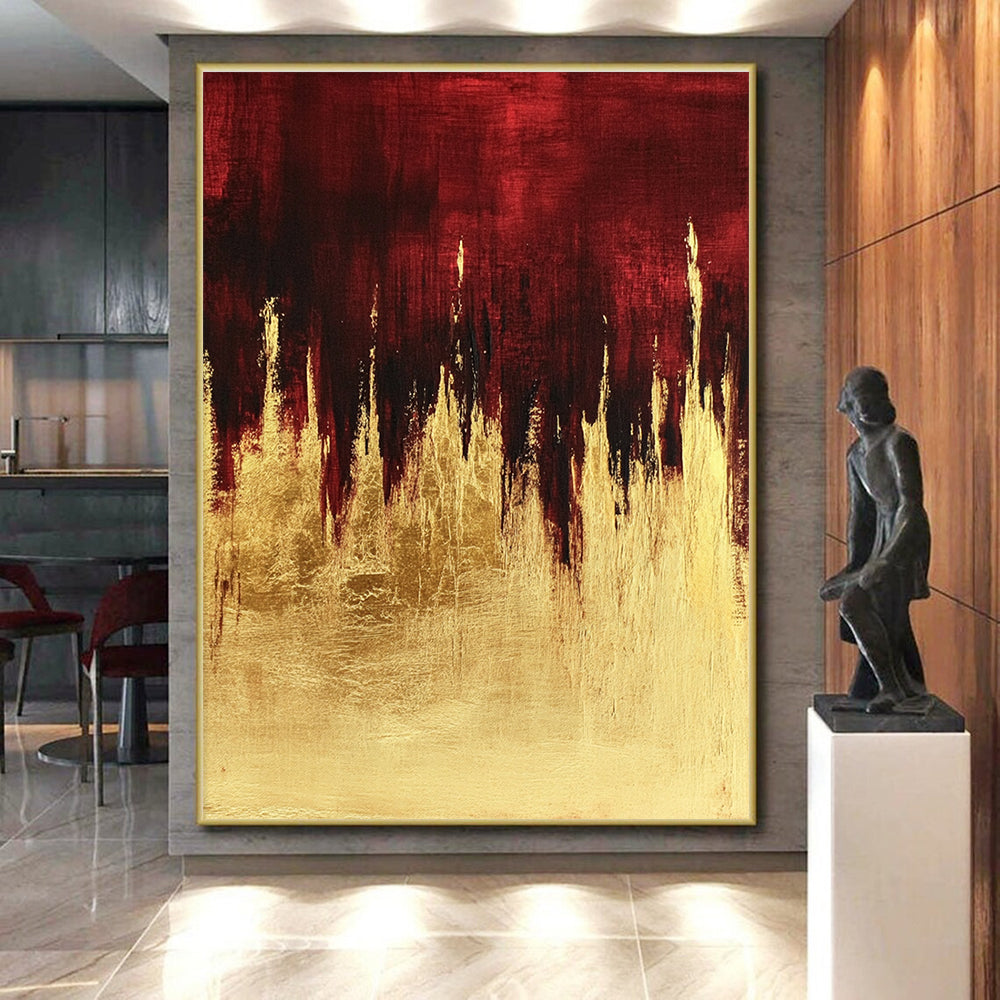 Red Gold Abstract Painting with Dramatic Drips GER729