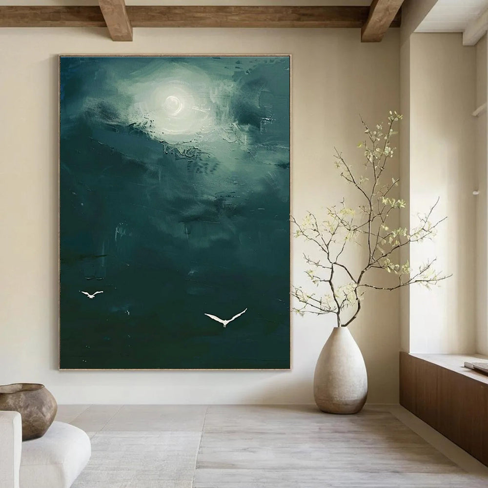 Green Sky with Birds Abstract Painting with Mysterious Light ADGE508