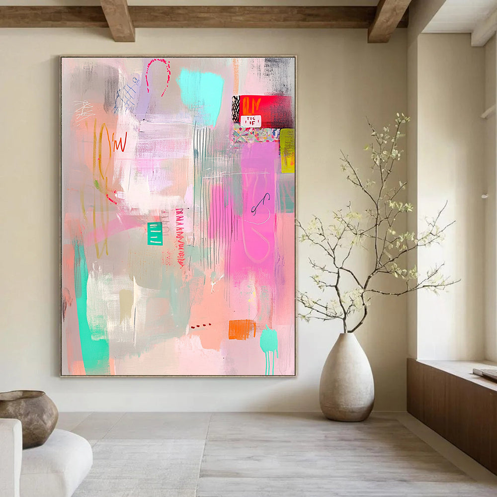 Large abstract painting in pastel pink aqua and lime green tones with soft brushstrokes layered with transparent elements and playful text.STSC1023