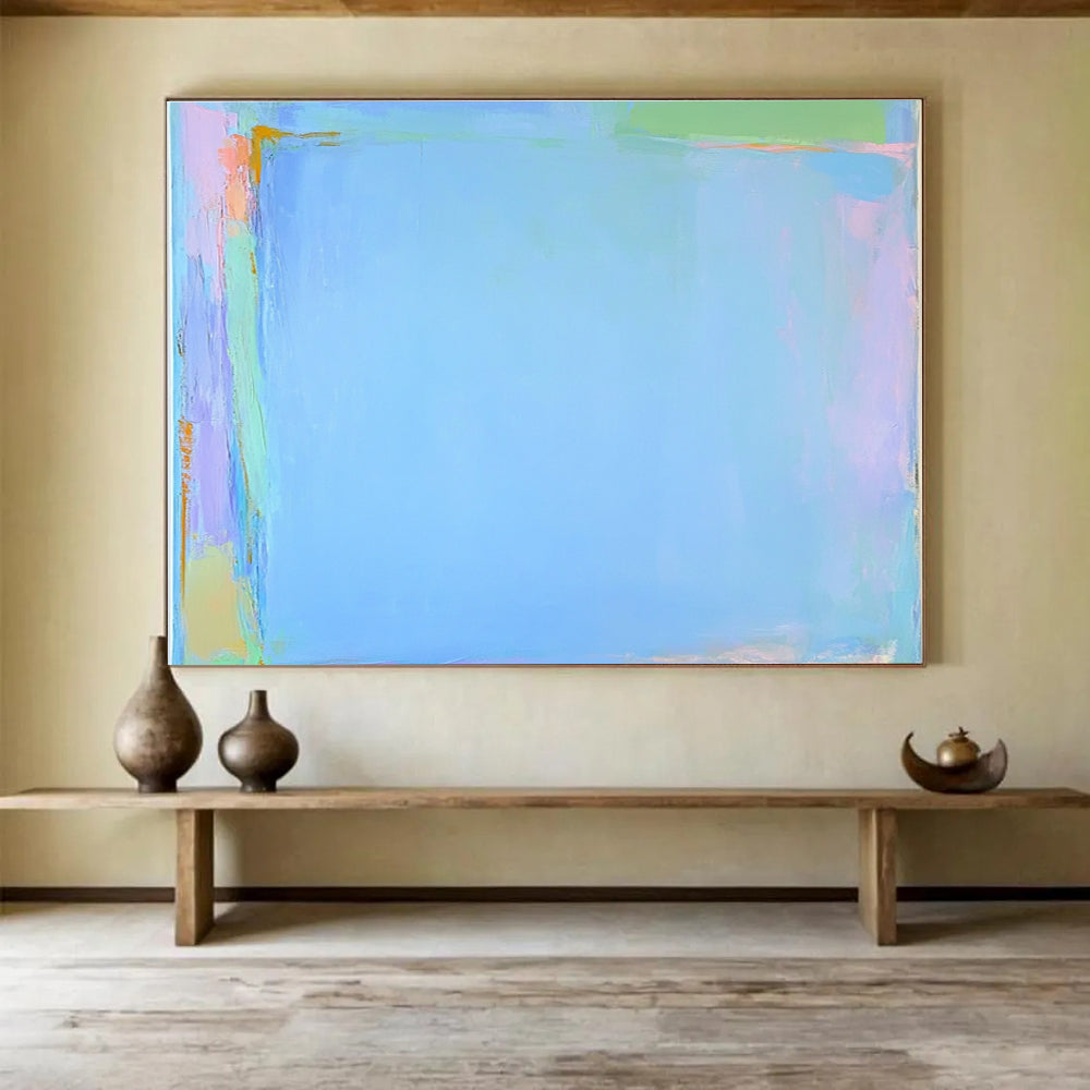 Large abstract painting featuring light blue pink and green with flat shapes broad brushstrokes and subtle gradients on a pale sky-blue border.SC377