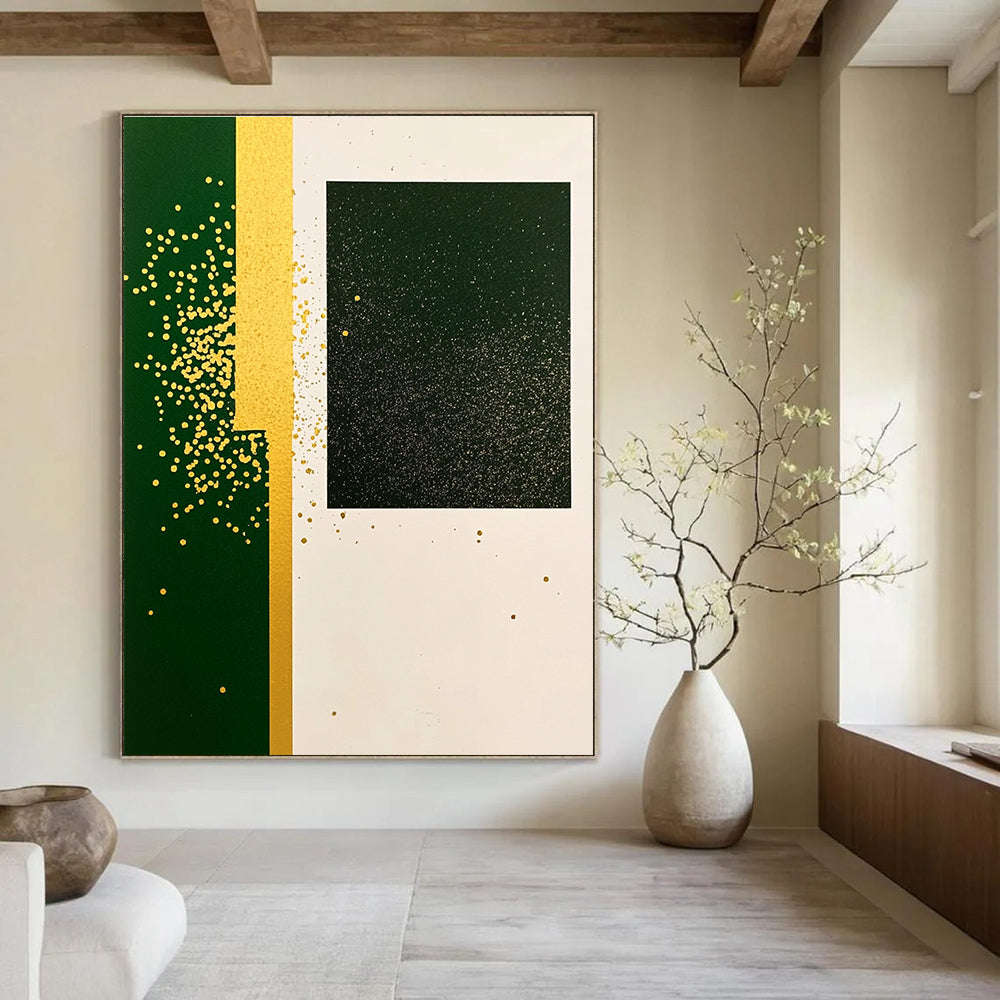 A large abstract painting featuring green rectangular paper with yellow speckles and gold glitter in a minimalistic collage style with simple shapes.STSC1011