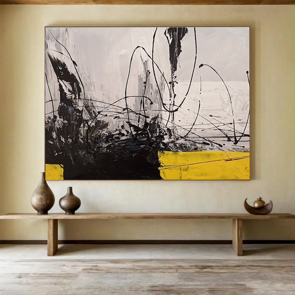 Black White Yellow Abstract Painting THY008