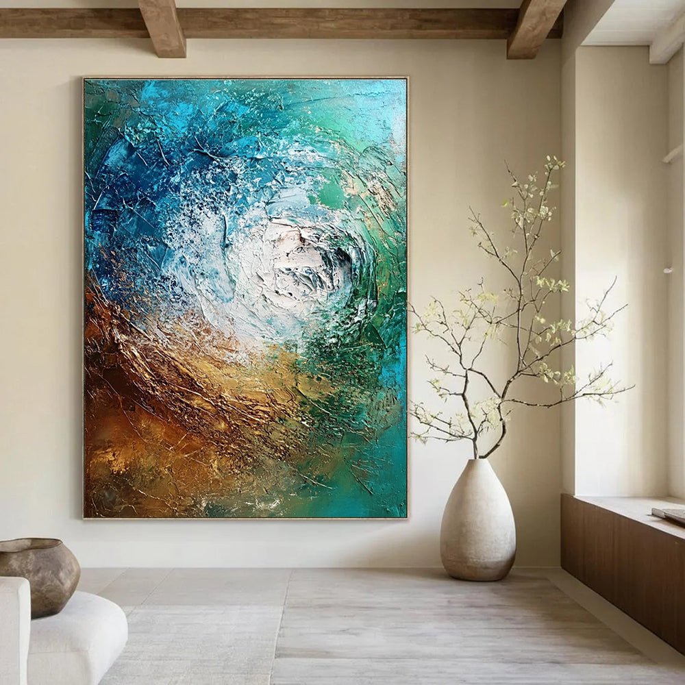 Large abstract painting depicting an underwater scene with textured brush strokes in rich shades of brown blue-green and metallic accents.STSC832