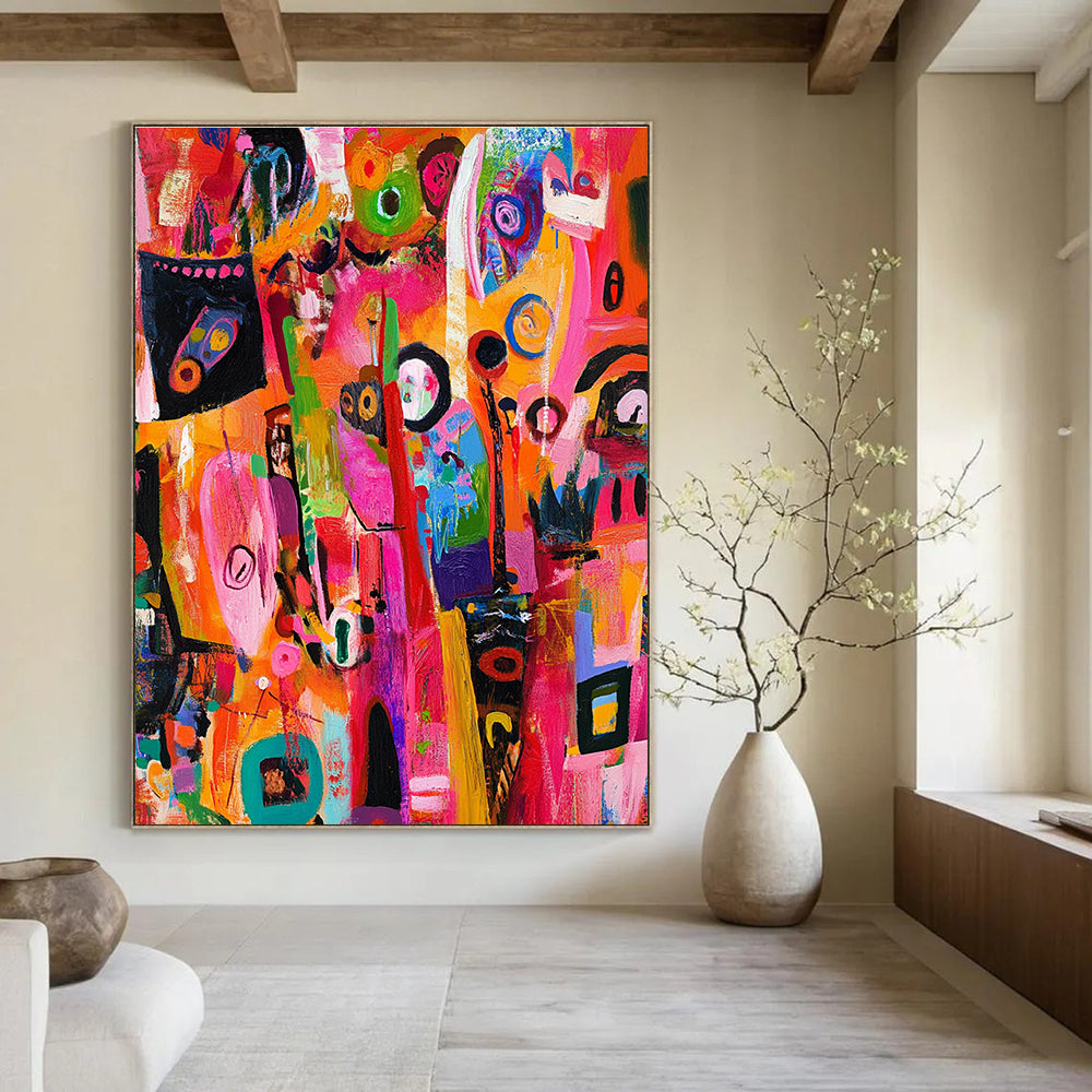 A vibrant abstract painting showcasing urban chaos with lively characters and dynamic patterns in bright colors highlighting intricate details and expressive faces.STSC1218