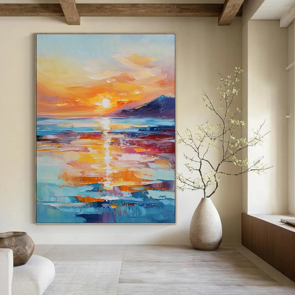Large abstract painting of a sunset over the ocean with warm hues reflecting on the water and distant islands enhancing tranquility.STSC894