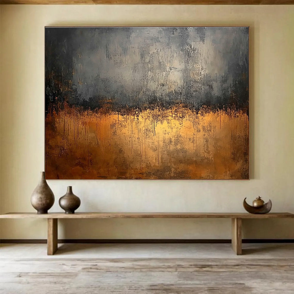 Large abstract painting featuring gray and brown tones with a dark background and golden metal surface highlighting rusty steel elements.SC146