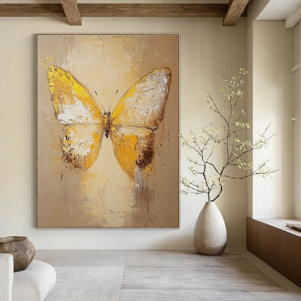 Large abstract butterfly painting in beige and yellow tones with textured old canvas and gold elements, capturing a love for nature and artistic expression.STSC1028