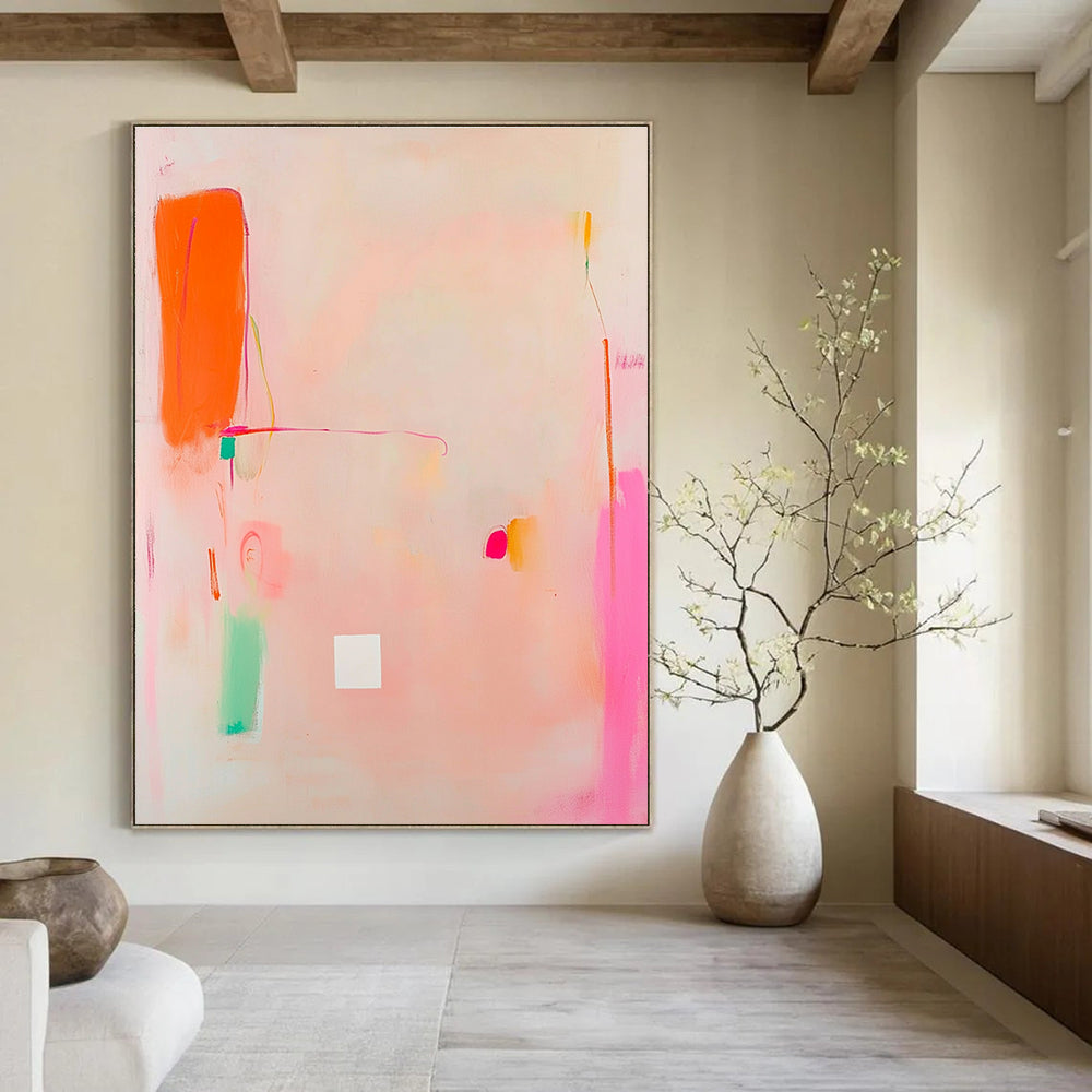 Abstract painting featuring light pink and orange tones with a central white square and soft doodle-like shapes in the corner.STSC770