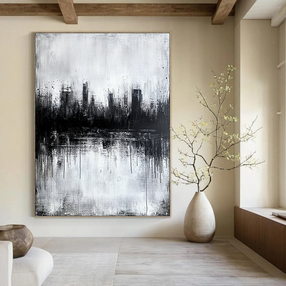 Large abstract painting featuring a city skyline reflection in water with textured gray tones evoking a serene and mysterious atmosphere.STSC025