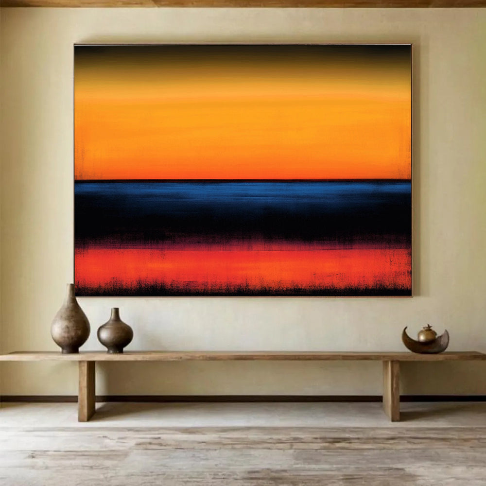 Large abstract painting featuring an orange and blue color scheme with blurred edges and a serene horizon over the ocean at sunset.SC053