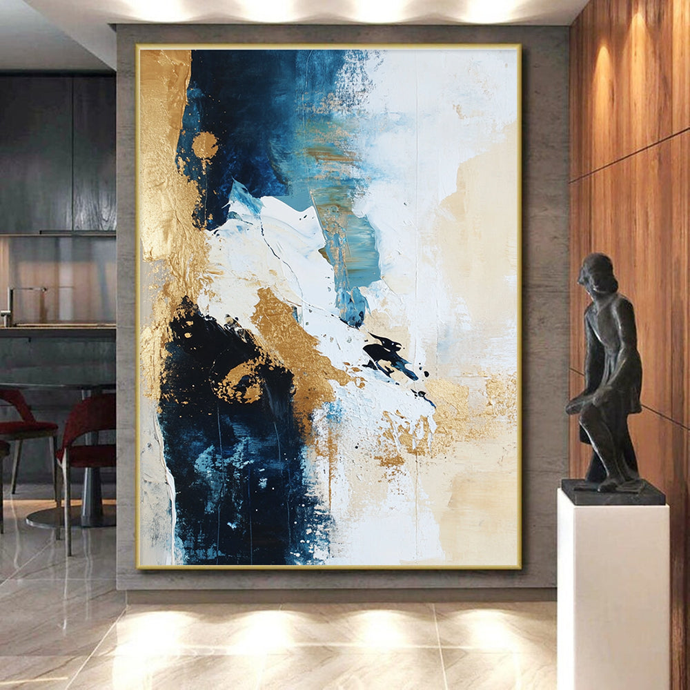 Blue Gold Abstract Painting with Dynamic Brushstrokes GER723