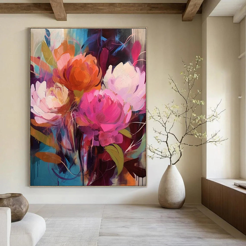 Vibrant Floral Abstract Painting with Bold Pink and Orange ADGE427
