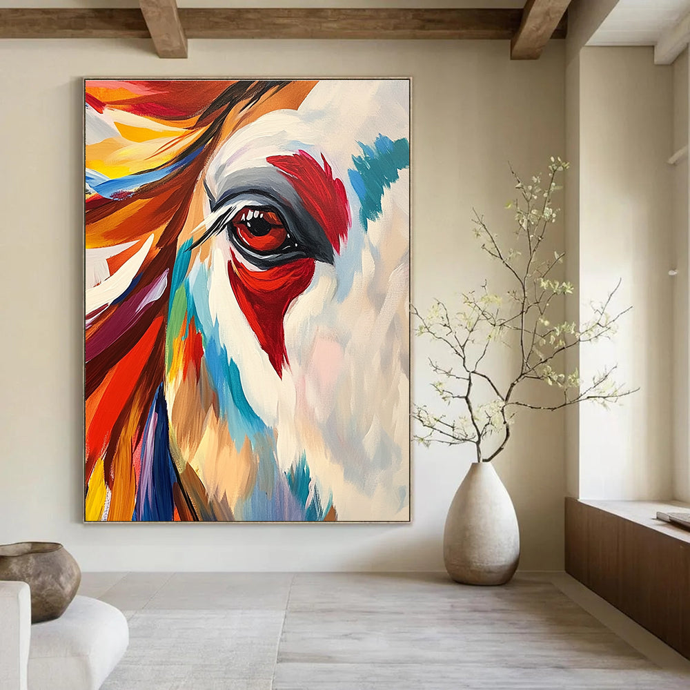 Large abstract painting featuring an Indian horse with vibrant colors bold brushstrokes and dynamic patterns showcasing strength elegance and intricate fur textures.STSC846