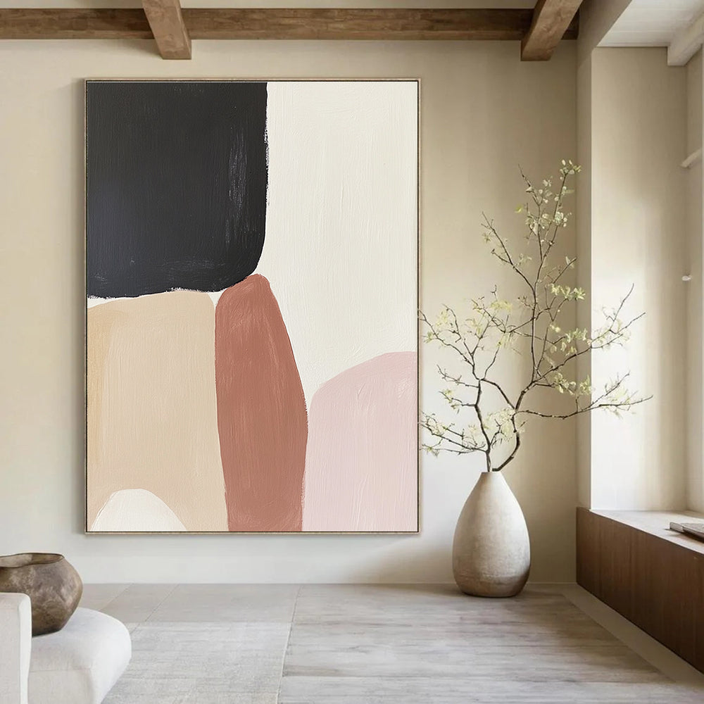 Large abstract painting inspired by Rothko featuring cream beige pink and black hues with earthy tones and organic shapes.STSC480
