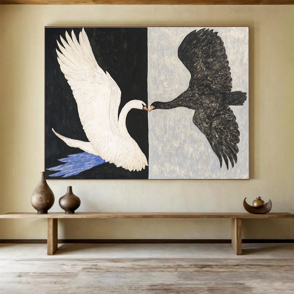 Large abstract painting of a swan and eagle in flight touching beaks on contrasting backgrounds of white and grey.SC558