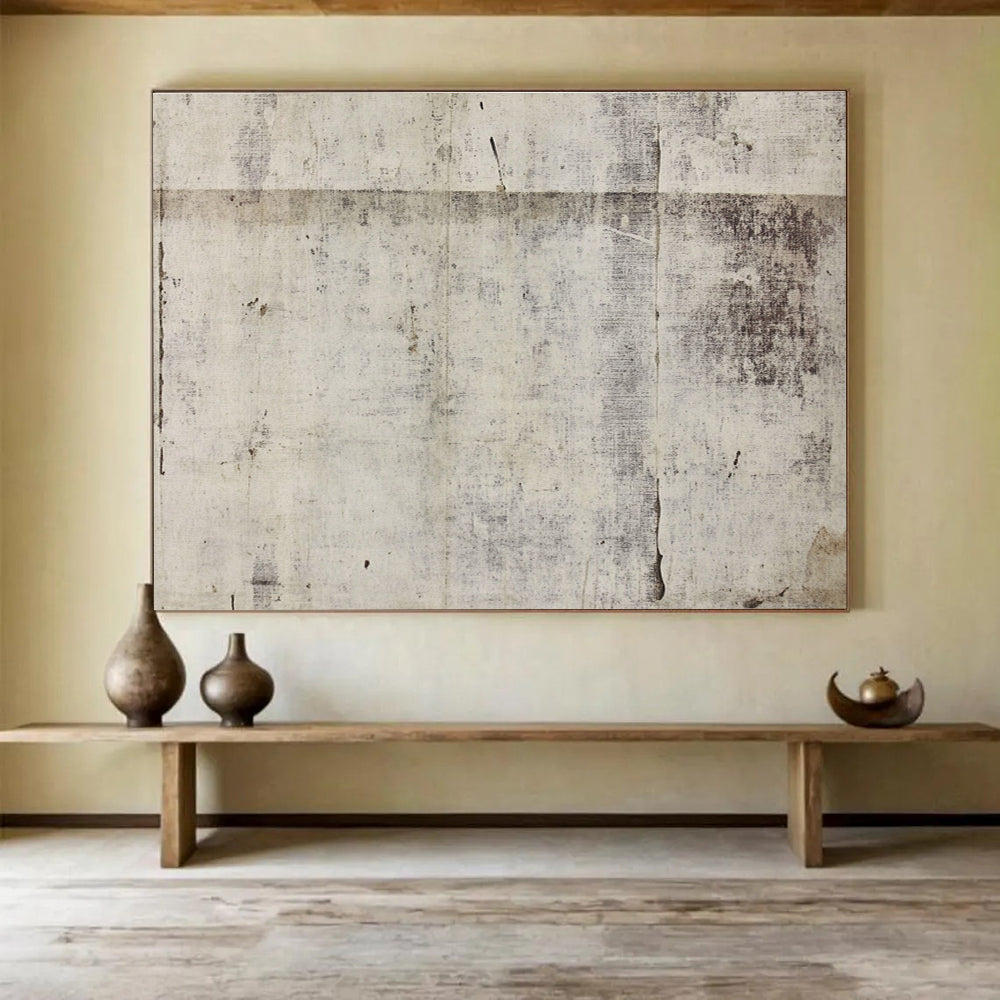 Large abstract artwork featuring vintage paper texture with distressed white gray tones and hints of brown along with watercolor splashes and antique French wallpaper pattern.SC615