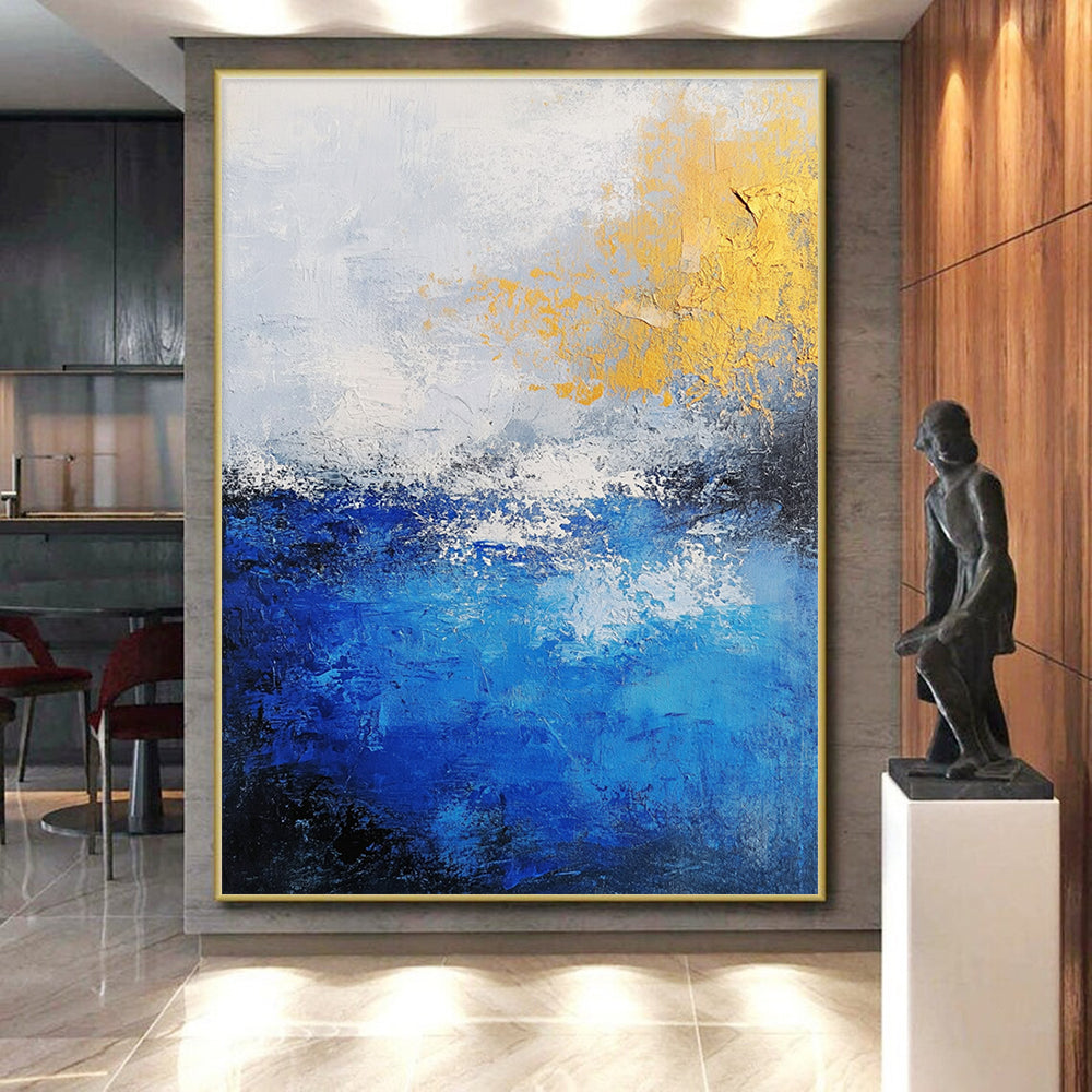Gold - Accented Blue and White Abstract Painting GER310