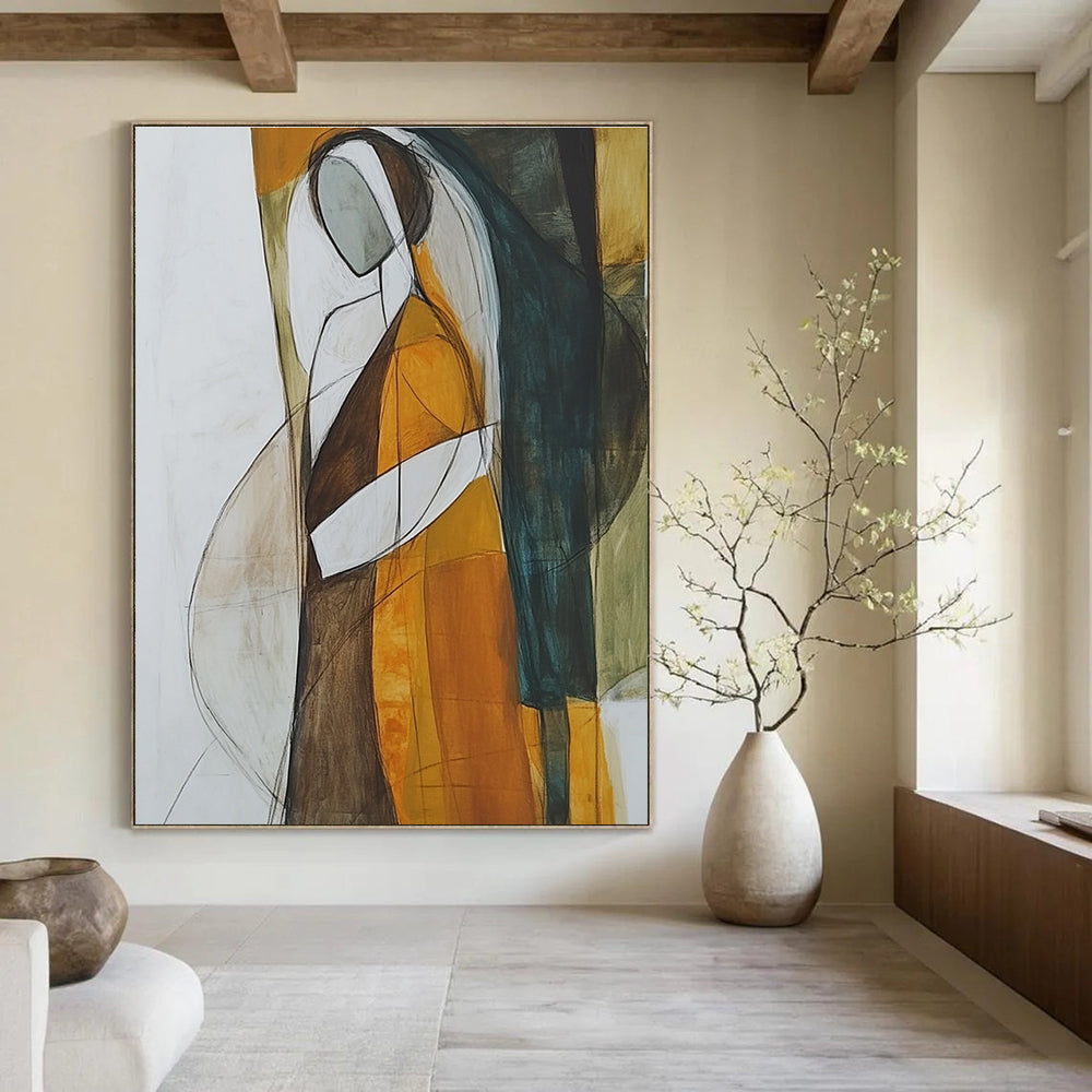 Abstract painting featuring a woman in a brown and orange dress with a white veil showcasing minimalism and surrealism in muted tones and negative space.STSC298