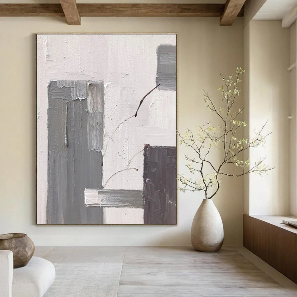 Gray and White Textured Abstract Painting with Subtle Shapes ADGE396