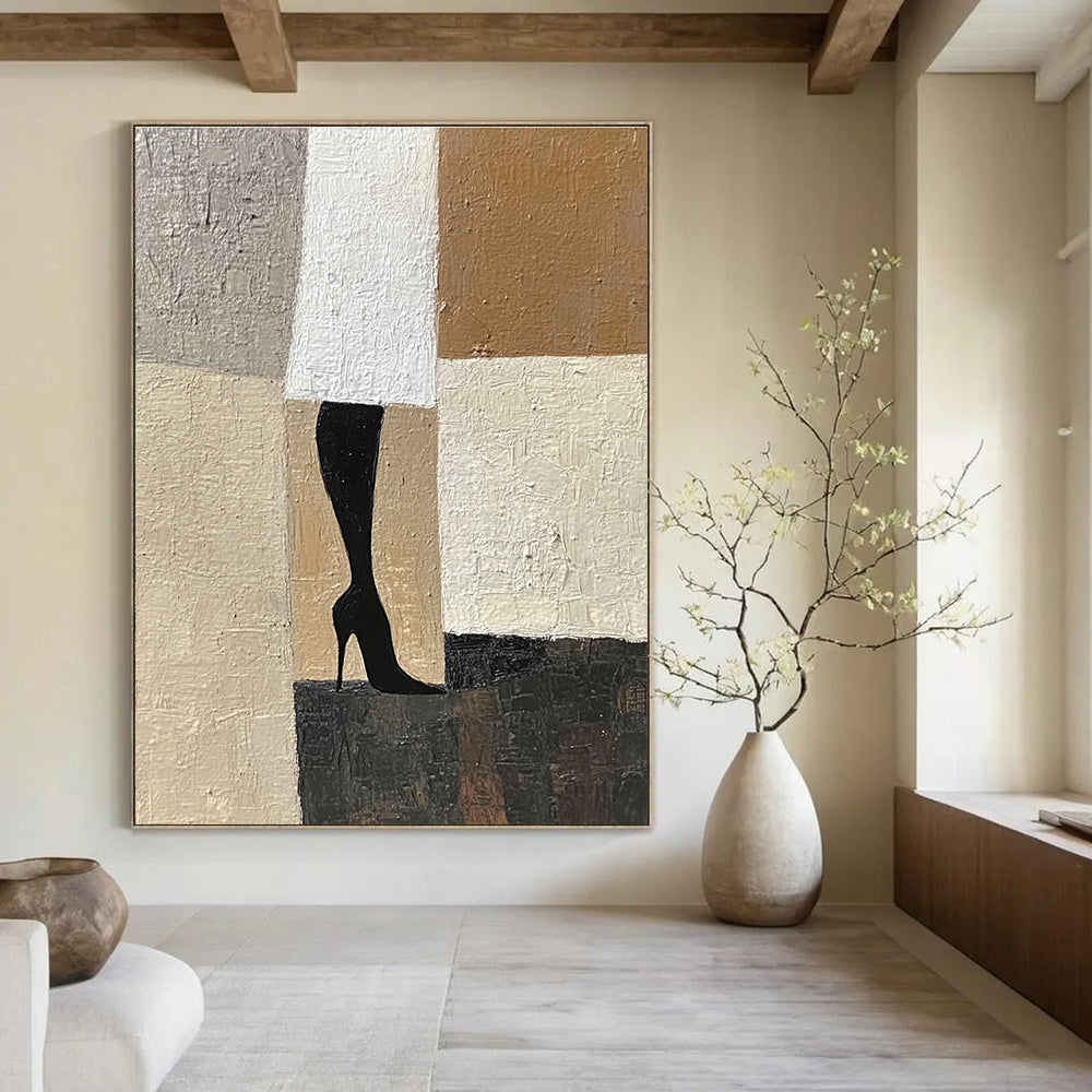 Large abstract painting featuring a woman's legs in Art Deco and Cubism style with a beige white and black palette on textured canvas.STSC1327