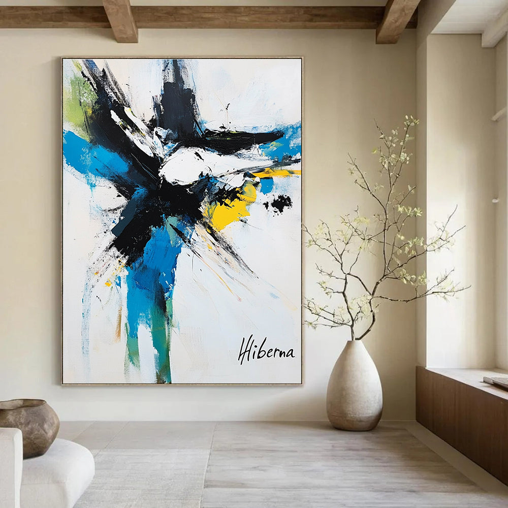 Large abstract painting featuring dynamic brush strokes in white black blue yellow and green capturing an animal in motion signed Hiberna.STSC1097