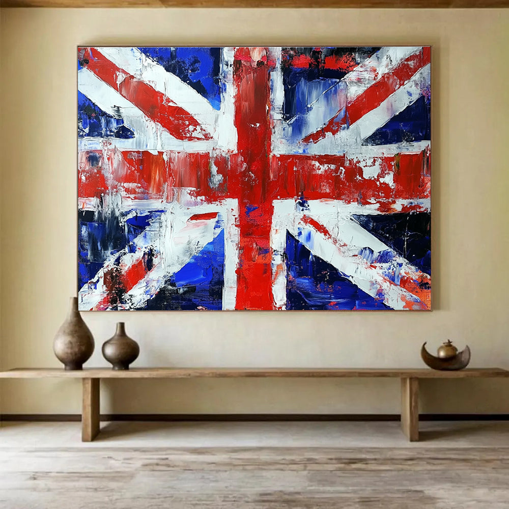 Large abstract painting of the British flag featuring a vibrant palette knife technique for a striking visual impact.SC200