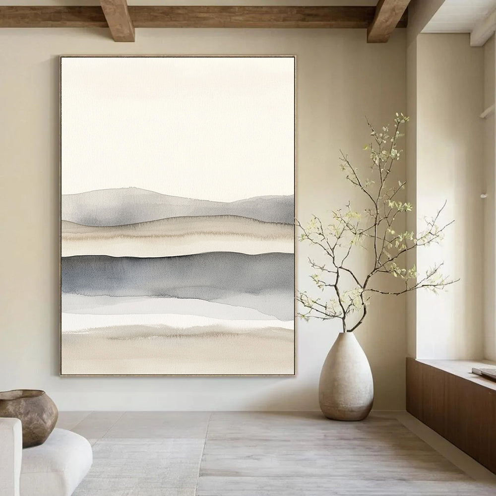 Large abstract painting featuring light gray and white watercolor shapes with soft blurred lines creating a serene landscape of dunes.STSC1464