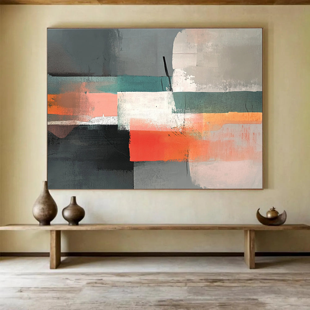 A large abstract painting featuring gray, peach, and teal colors with collage elements and low contrast for a serene atmosphere.SC374