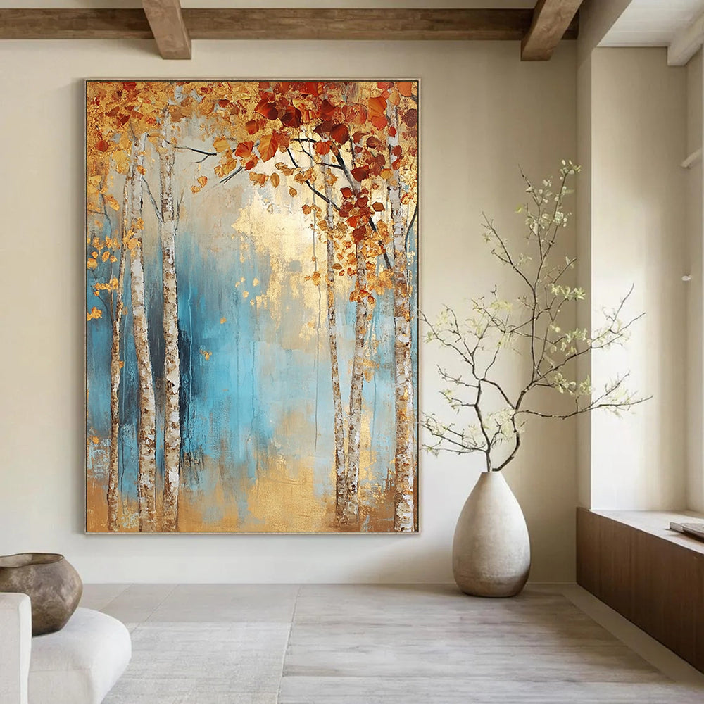 Large abstract painting of birch trees in autumn leaves with light blue and gold tones on a textured canvas.STSC301