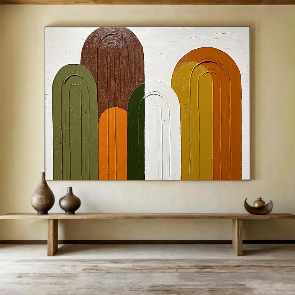 Large abstract painting featuring arches in shades of green brown and orange on a white background with simple colorful shapes.SC590