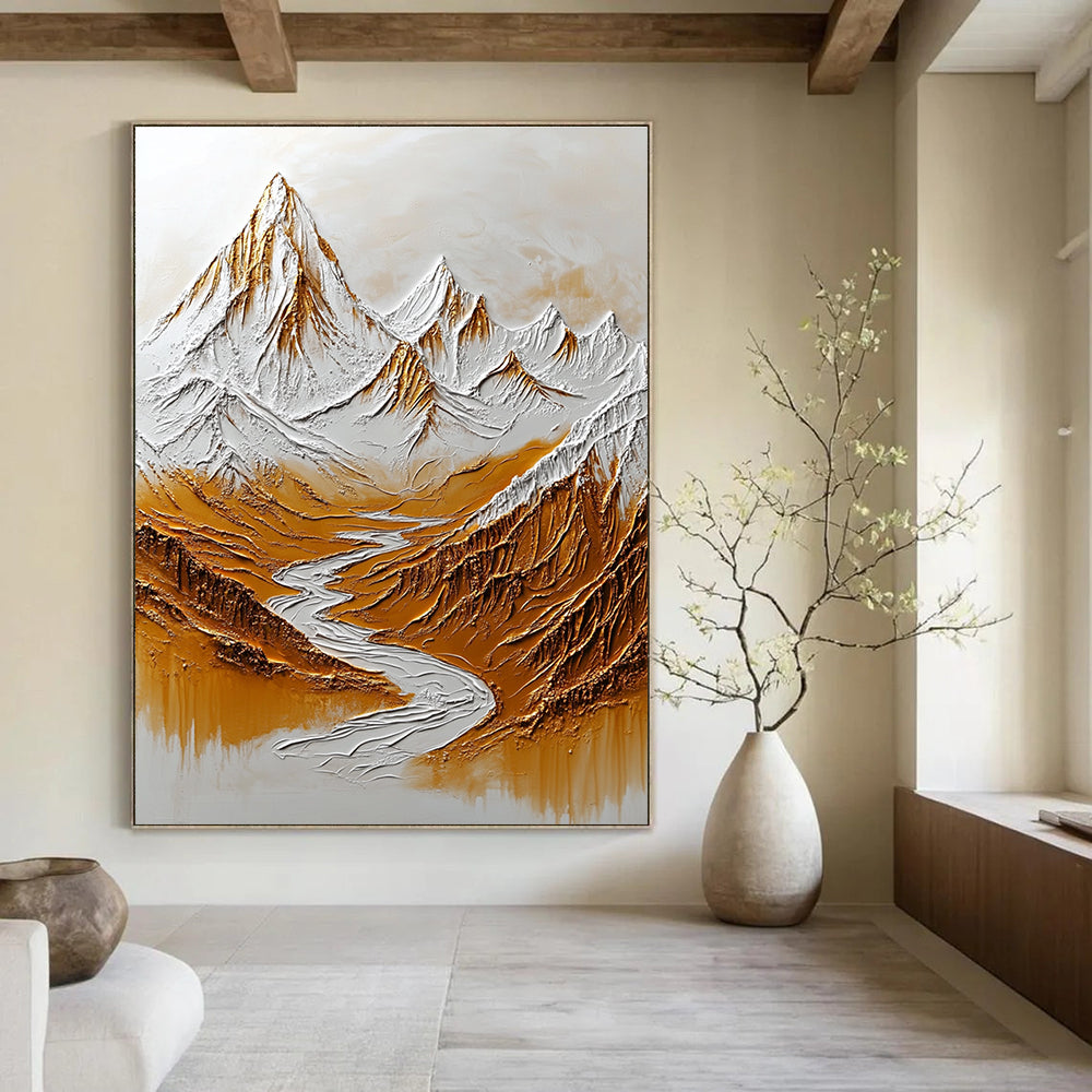 Large abstract painting of the Himalayas featuring snow-capped peaks and flowing rivers in warm tones for added depth and texture on a white background.STSC003
