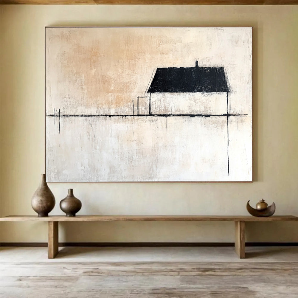 Large abstract painting featuring neutral tones with a single black line beside an old house and expansive white space. Minimalist style enhances tranquility.SC145