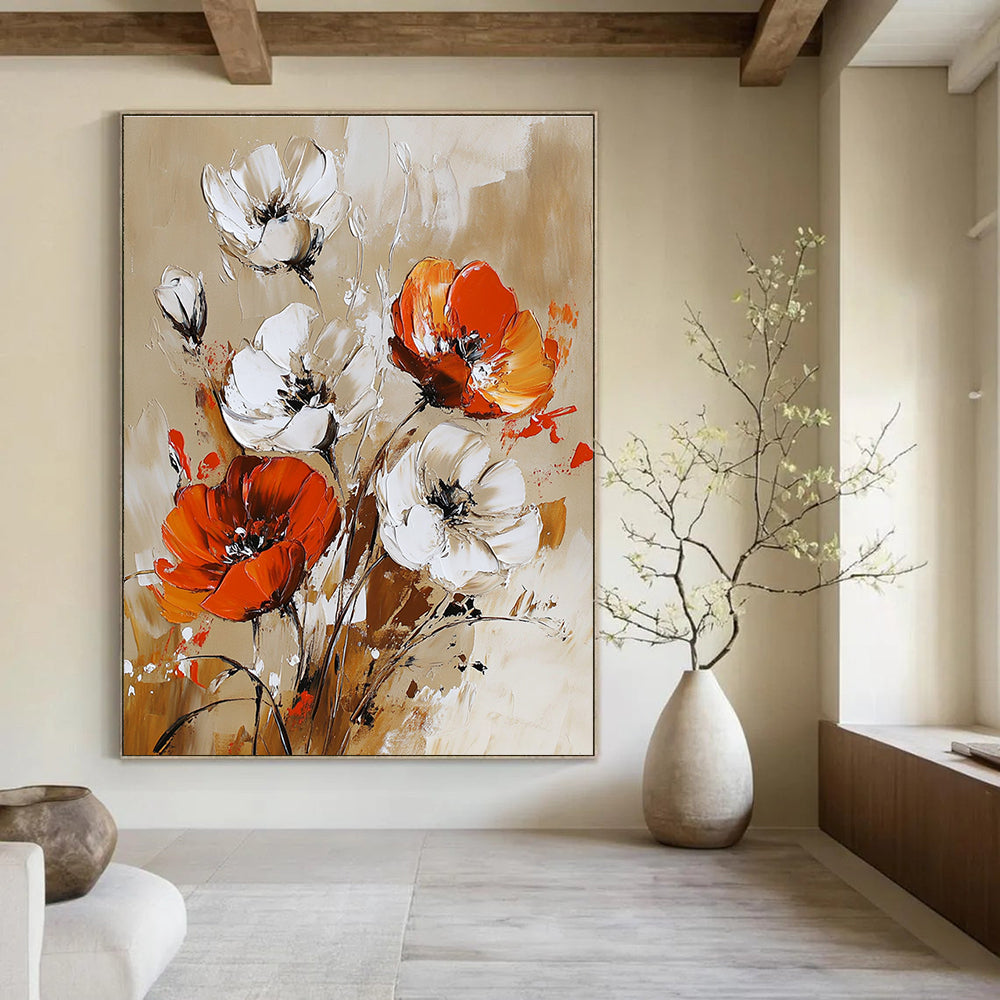 Large abstract painting featuring vibrant white orange and red flowers on a beige background with dynamic brushstrokes.STSC1127