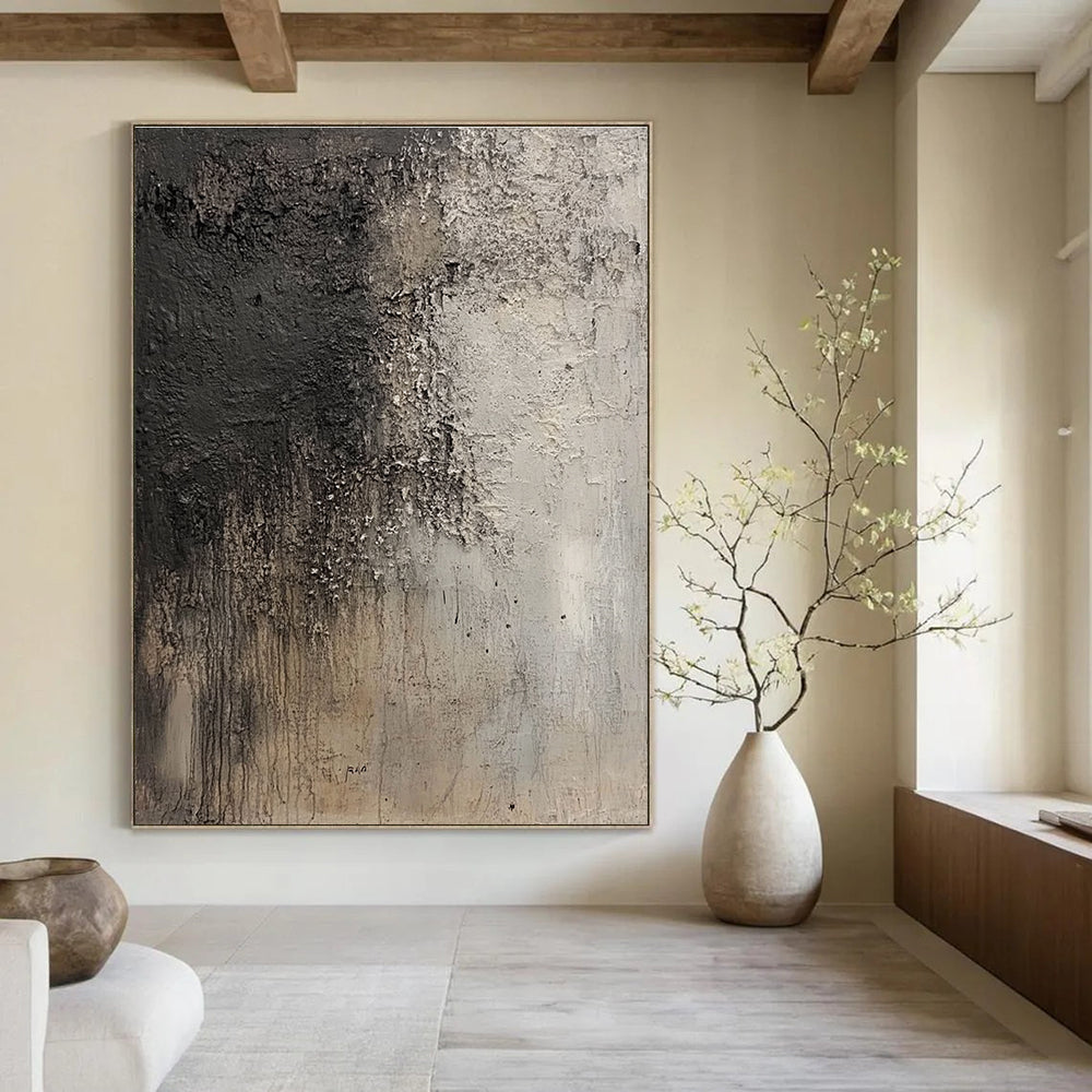 Large abstract painting resembling an ancient cave wall in grey and dark brown with intricate texture and floating dust particles.STSC632