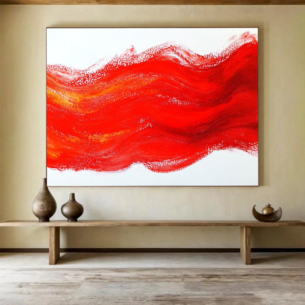 Bold abstract painting with red brushstrokes and flowing lines creating a dynamic interplay of light and shadow on a white background.SC609
