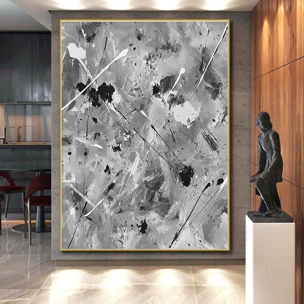 Black and White Splash Abstract Painting with Dynamic Splatters GER106