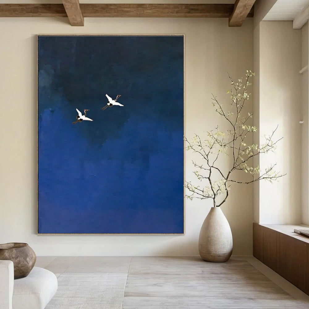 Cranes in Blue Sky Abstract Painting with Minimalist Charm ADGE481