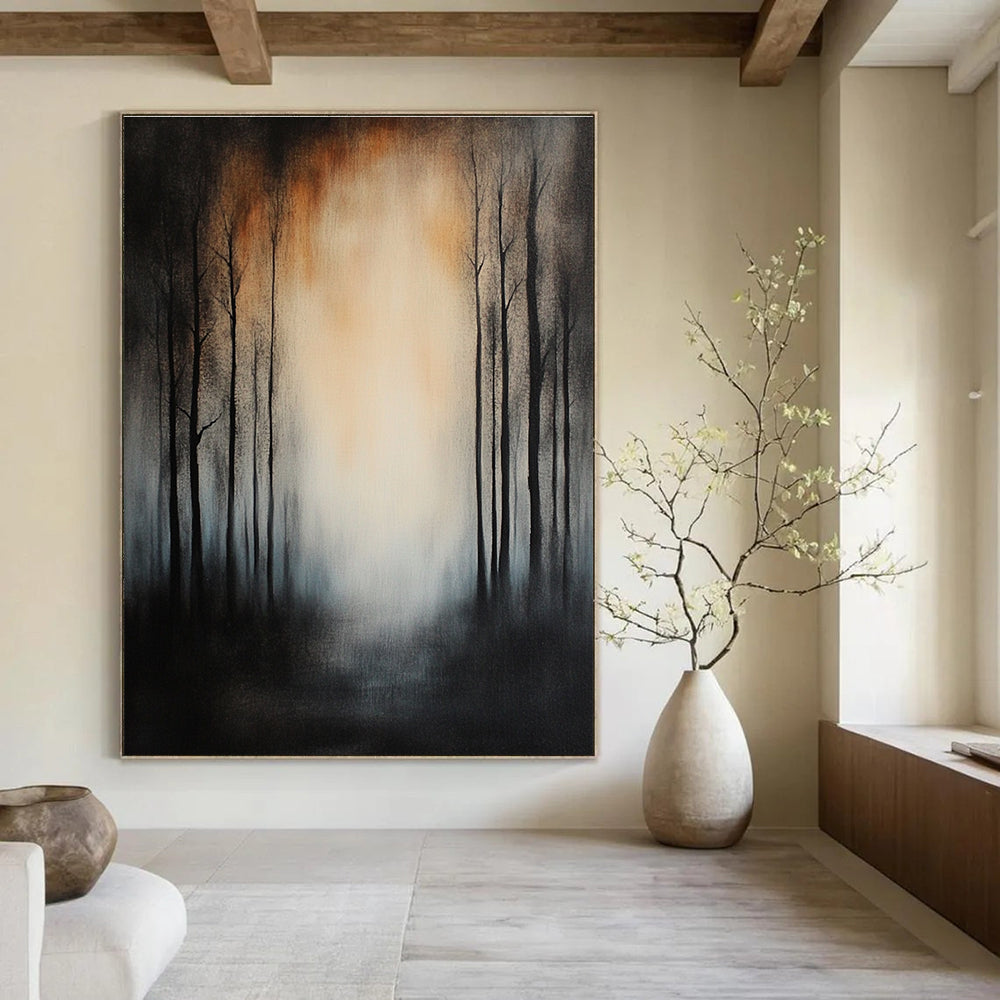 Large abstract painting featuring tall trees in a misty forest with dark gray and black tones and muted colors against a dark background.STSC195