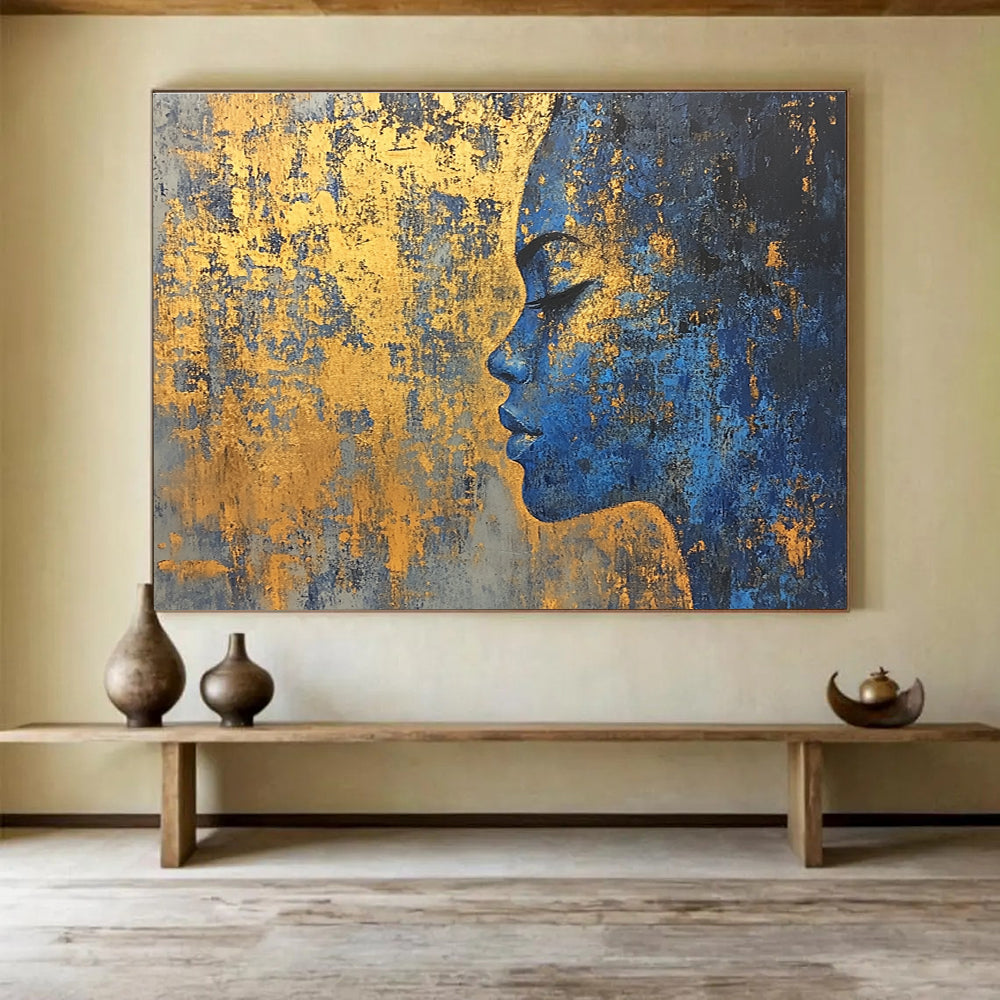 Large abstract painting of a golden city on textured canvas with a blue and gold palette featuring highlights of gold foil paint.SC171