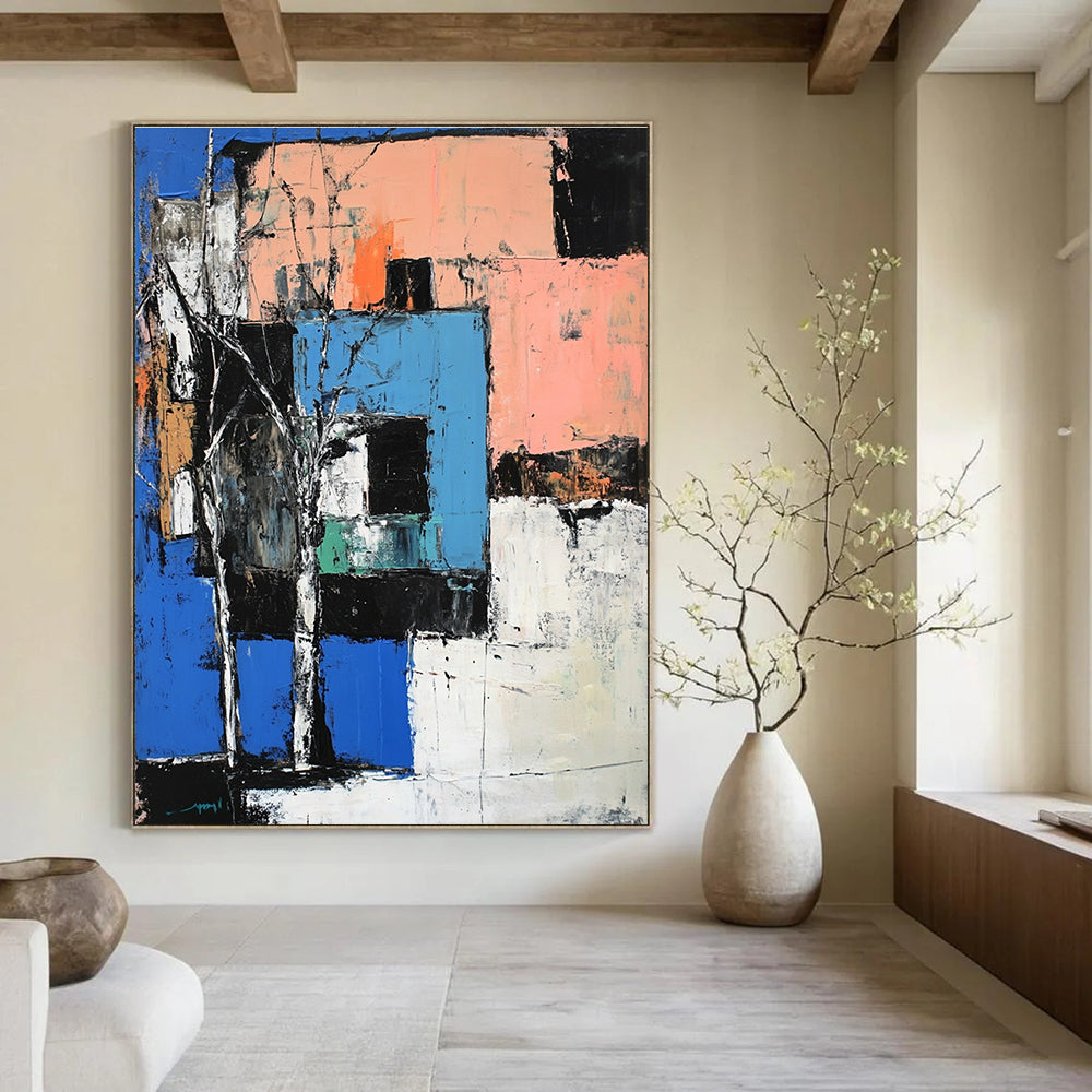 Large abstract painting of a building in blue peach and white inspired by expressive styles of John Marin and Richard Diebenkorn.STSC1108