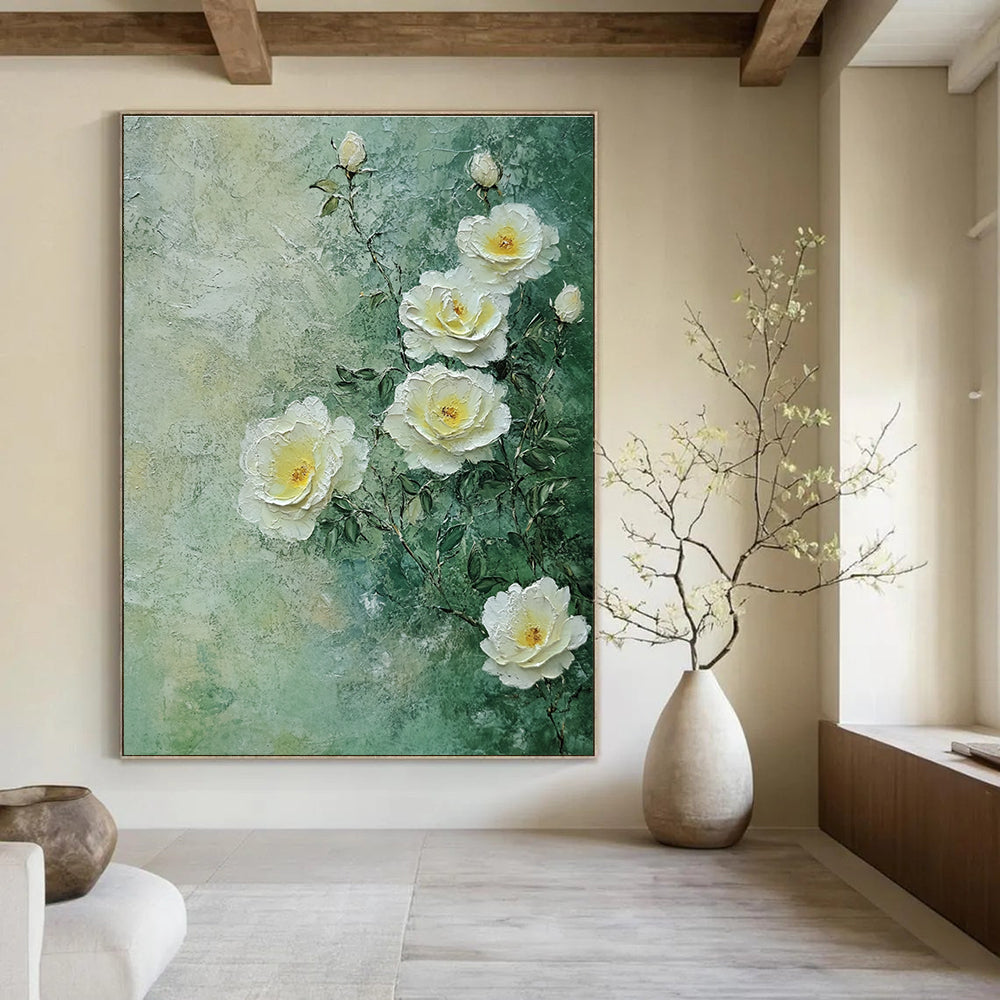 A large abstract painting featuring white roses on a light green background with soft tones and delicate brush strokes inspired by nature.STSC1490