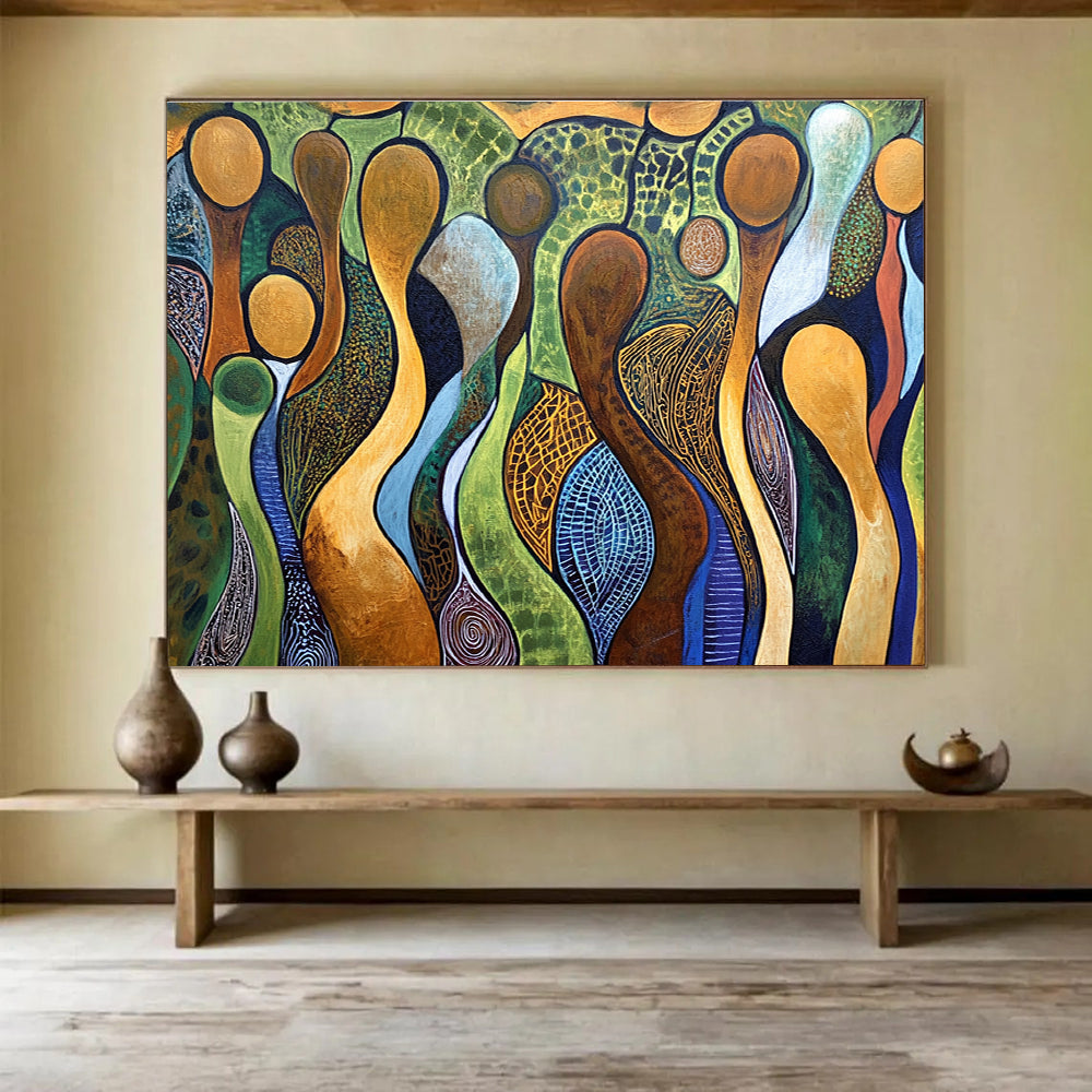 A large abstract painting featuring interlaced human figures in brown outlines against a vibrant background of greens, blues, and earthy whites with ocher yellow gems.SC582