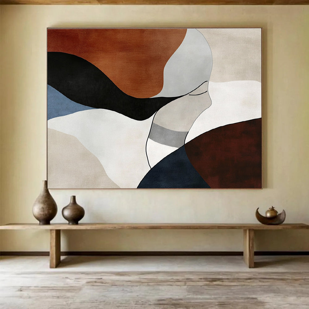 Large abstract art featuring elegant feminine forms in earthy tones, emphasizing organic curves and geometric patterns for a serene modern aesthetic.SC299