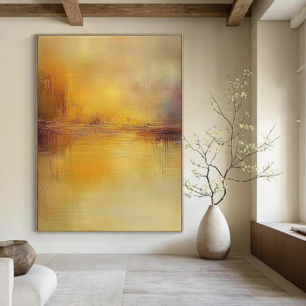 Large abstract painting featuring muted earthy colors and soft focus reflections on water evoking a dreamlike atmosphere with impressionist brush strokes.STSC860