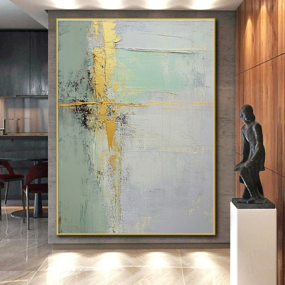 Green Gold and Gray Abstract Painting with Refined Textures GER529
