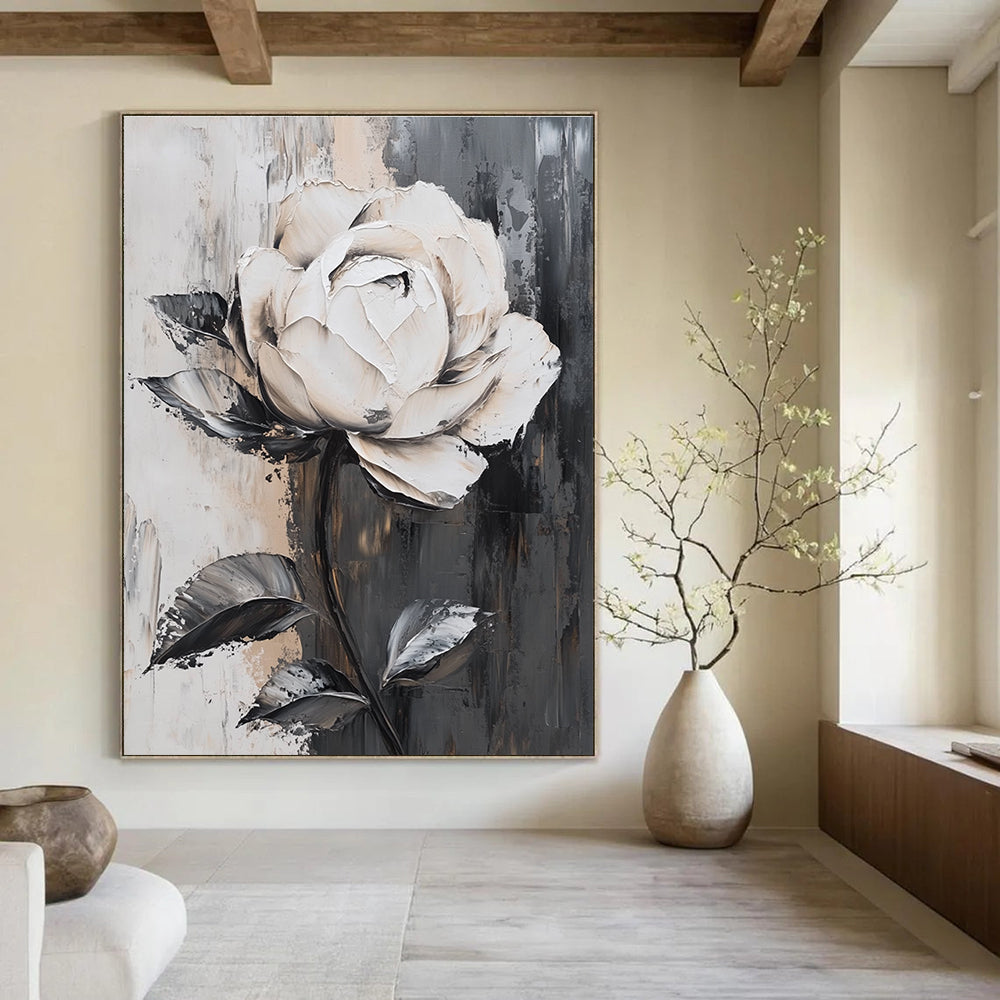 Large abstract white rose painting with exquisite details on gray background featuring elegant lines and stunning light effects in luxurious colors.STSC522